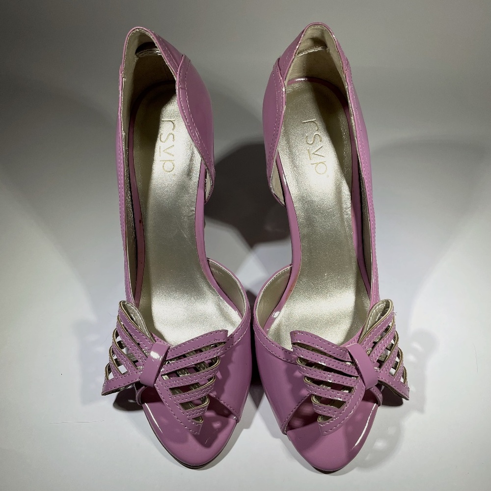 RSVP 4" Heels Pink Patent Leather Peep Toes with Dramatic Bows, Size 5.5 M